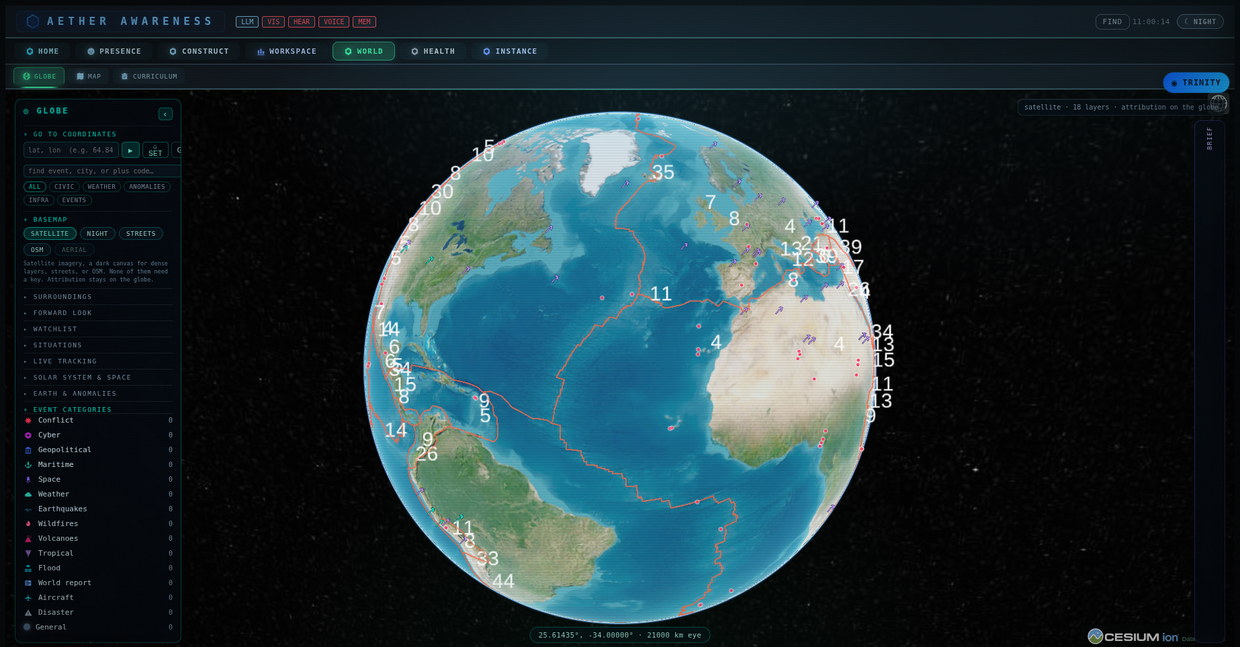The globe in a running instance: the Earth in satellite imagery centred on the Atlantic, tectonic plate boundaries traced in orange across the ocean floor and around Africa, clustered event counts over Europe, Africa and the Americas, a basemap switcher offering satellite, night, streets and OSM, the layer panel down the left side, and the imagery attribution kept visible in the corner.