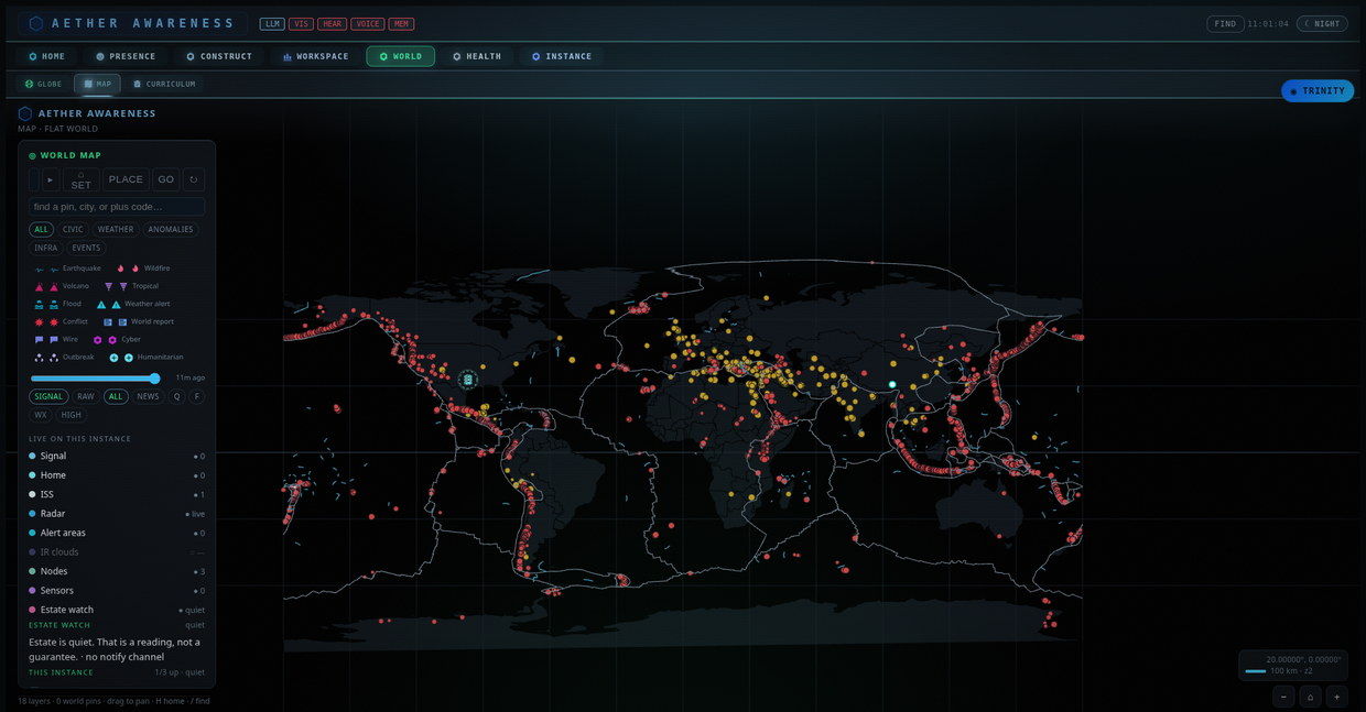 The flat world map in a running instance: coastlines and tectonic plate boundaries drawn on a dark canvas, volcanoes tracing the Ring of Fire, ranked world events across Europe, Africa and Asia, a legend of event types, a time slider, and a panel listing what is live on this instance including three of the owner's own nodes.