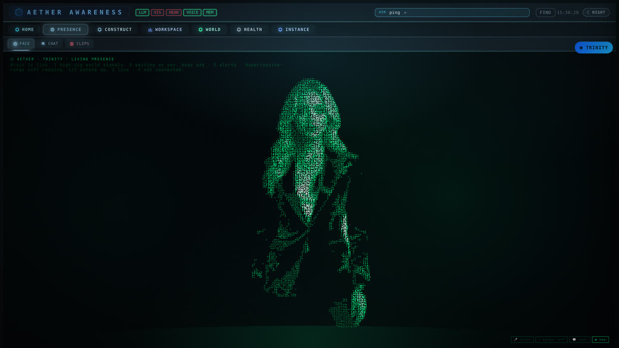 Living Presence in a running instance: Trinity rendered as a green volumetric point cloud on a dark field, with the awareness lane chips (LLM, VIS, HEAR, VOICE, MEM) across the top, FACE / CHAT / CLIPS tabs, an opening status line about world signals and body readings, and a barge-off control in the corner.