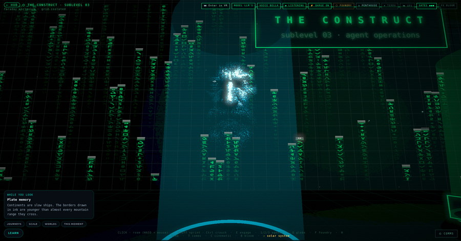 Standing in front of Raven in The Construct: a cyan-white volumetric hologram of a figure, built from drifting points, inside a tall column of blue light with falling code on either side.