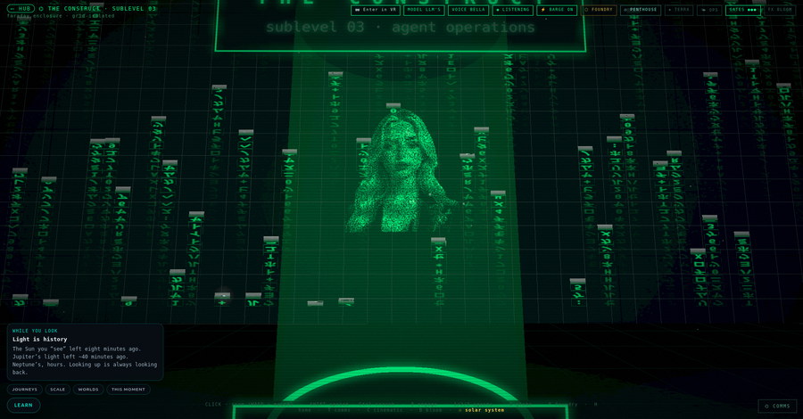 Standing in front of Trinity in The Construct: a green volumetric hologram of a woman's head and shoulders, built from thousands of glowing points, facing you inside a column of light with falling code on either side.