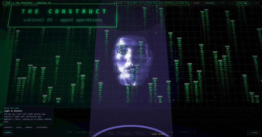 Standing in front of Zara in The Construct: a violet-white volumetric hologram of a face built from points, lit from within, inside a column of purple light with falling code on either side.