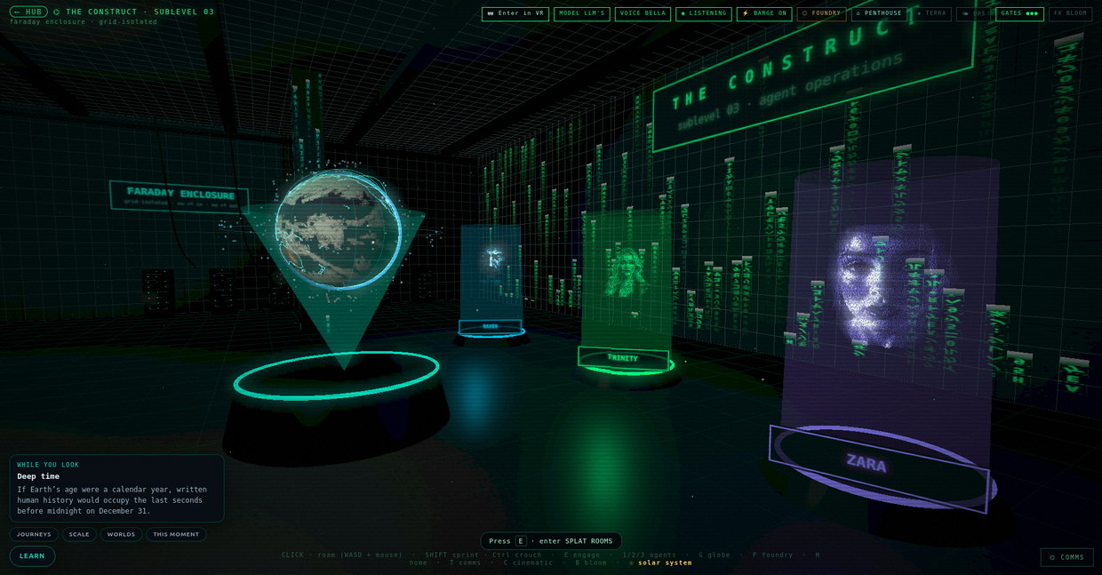 The Construct, sublevel 03, seen from the right-hand side: a dark underground room walled in falling green code, a holographic Earth on a lit plinth, and three luminous figures on their own pillars — Raven in cyan, Trinity in green, Zara in violet — under a sign reading THE CONSTRUCT, sublevel 03, agent operations.